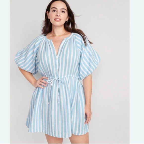 Old Navy Dresses & Skirts - Old Navy Waist-Defined Puff-Sleeve Stripe Gauze Mini Shirt Dress size LTall NWT